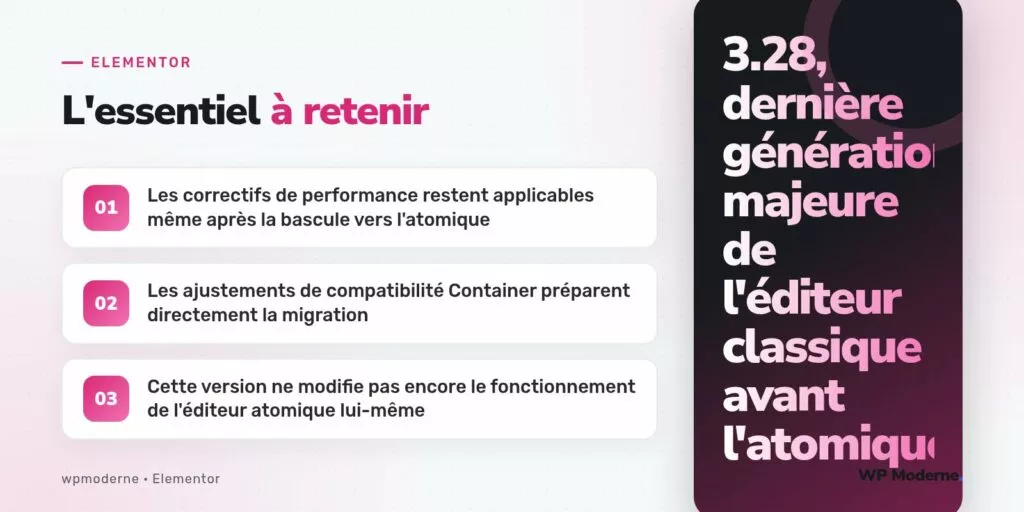 L'essentiel à retenir : Les correctifs de performance restent applicables même après la bascule vers l'atomique ; Les ajustements de compatibilité Container préparent directement la migration ; Cette version ne modifie pas encore le fonctionnement de l'éditeur atomique lui-même