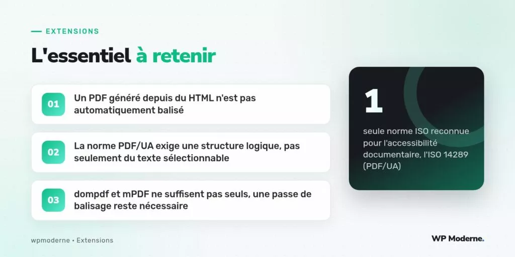 L'essentiel à retenir : Un PDF généré depuis du HTML n'est pas automatiquement balisé ; La norme PDF/UA exige une structure logique, pas seulement du texte sélectionnable ; dompdf et mPDF ne suffisent pas seuls, une passe de balisage reste nécessaire