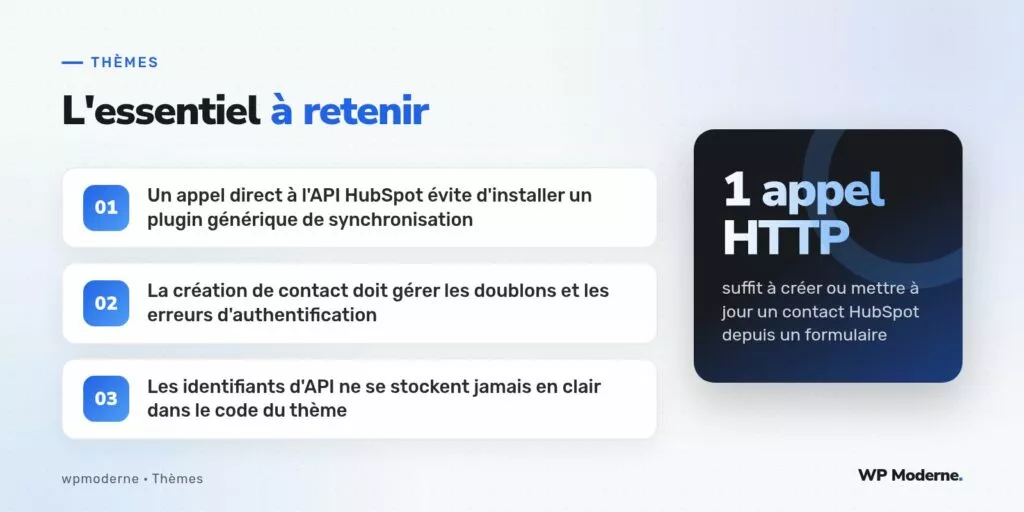 L'essentiel à retenir : Un appel direct à l'API HubSpot évite d'installer un plugin générique de synchronisation ; La création de contact doit gérer les doublons et les erreurs d'authentification ; Les identifiants d'API ne se stockent jamais en clair dans le code du thème