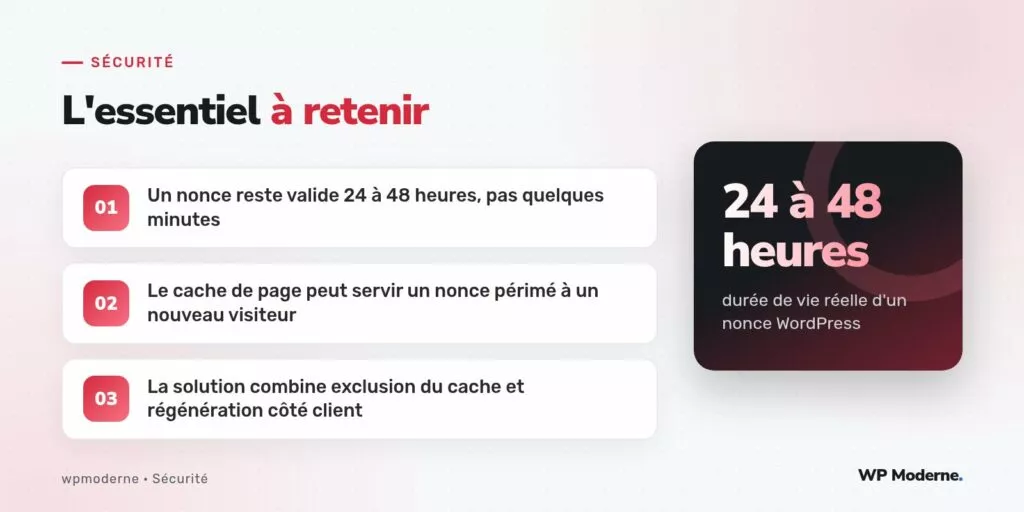 L'essentiel à retenir : Un nonce reste valide 24 à 48 heures, pas quelques minutes ; Le cache de page peut servir un nonce périmé à un nouveau visiteur ; La solution combine exclusion du cache et régénération côté client