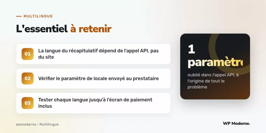 L'essentiel à retenir : La langue du récapitulatif dépend de l'appel API, pas du site ; Vérifier le paramètre de locale envoyé au prestataire ; Tester chaque langue jusqu'à l'écran de paiement inclus
