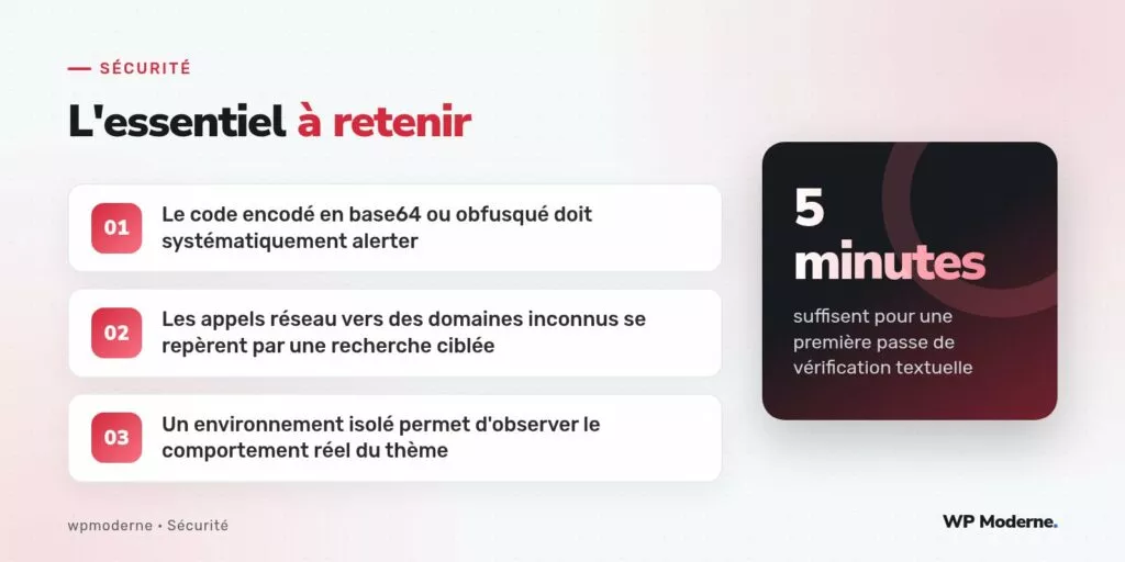 L'essentiel à retenir : Le code encodé en base64 ou obfusqué doit systématiquement alerter ; Les appels réseau vers des domaines inconnus se repèrent par une recherche ciblée ; Un environnement isolé permet d'observer le comportement réel du thème
