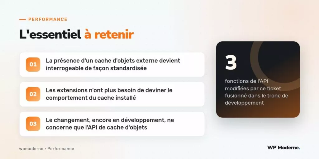 L'essentiel à retenir : La présence d'un cache d'objets externe devient interrogeable de façon standardisée ; Les extensions n'ont plus besoin de deviner le comportement du cache installé ; Le changement, encore en développement, ne concerne que l'API de cache d'objets