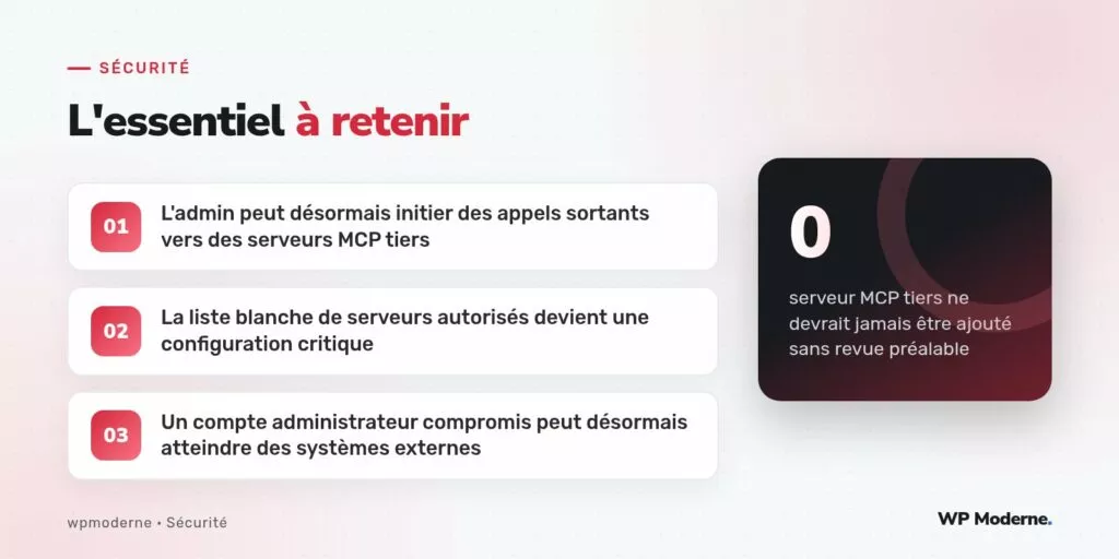 L'essentiel à retenir : L'admin peut désormais initier des appels sortants vers des serveurs MCP tiers ; La liste blanche de serveurs autorisés devient une configuration critique ; Un compte administrateur compromis peut désormais atteindre des systèmes externes