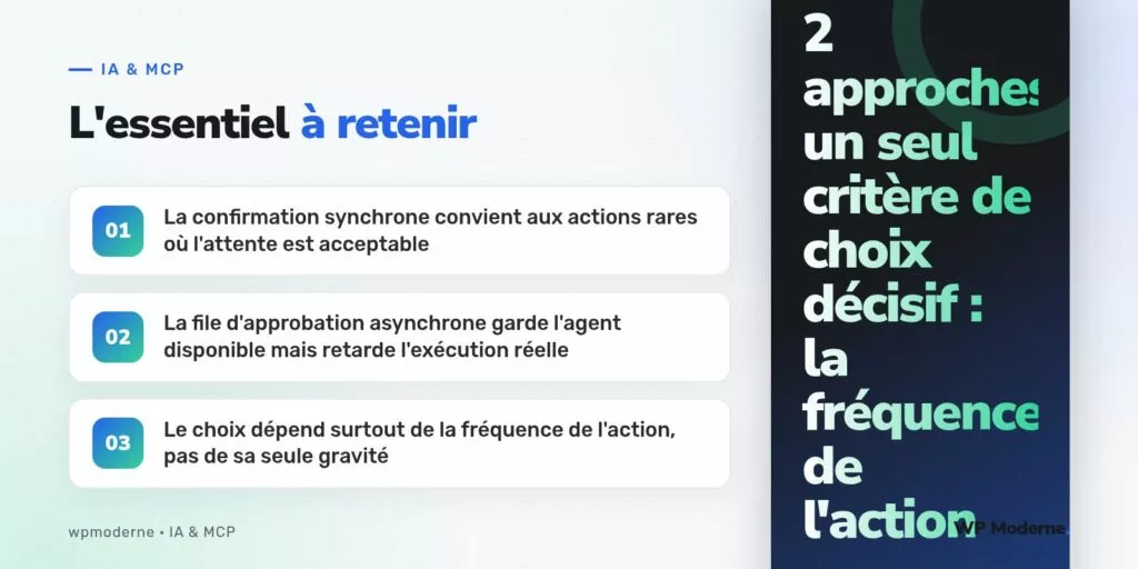 L'essentiel à retenir : La confirmation synchrone convient aux actions rares où l'attente est acceptable ; La file d'approbation asynchrone garde l'agent disponible mais retarde l'exécution réelle ; Le choix dépend surtout de la fréquence de l'action, pas de sa seule gravité
