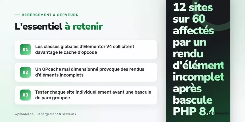 L'essentiel à retenir : Les classes globales d'Elementor V4 sollicitent davantage le cache d'opcode ; Un OPcache mal dimensionné provoque des rendus d'éléments incomplets ; Tester chaque site individuellement avant une bascule de parc groupée