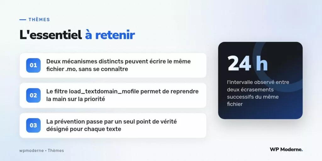 L'essentiel à retenir : Deux mécanismes distincts peuvent écrire le même fichier .mo, sans se connaître ; Le filtre load_textdomain_mofile permet de reprendre la main sur la priorité ; La prévention passe par un seul point de vérité désigné pour chaque texte