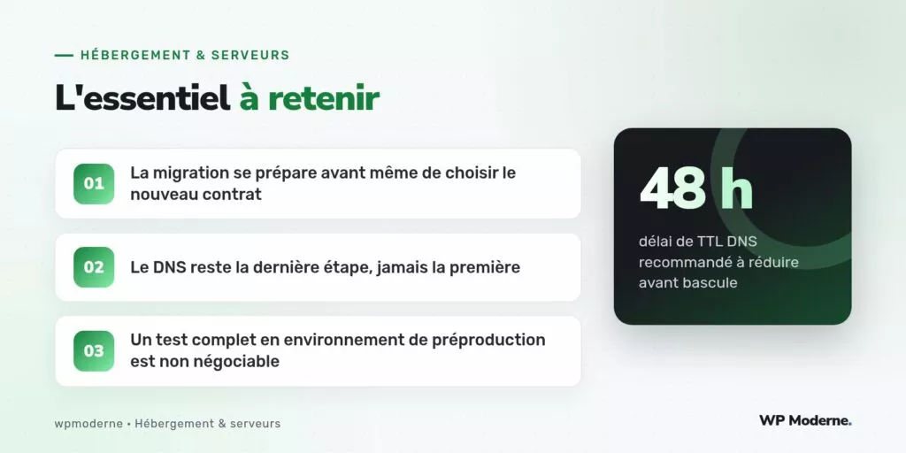 L'essentiel à retenir : La migration se prépare avant même de choisir le nouveau contrat ; Le DNS reste la dernière étape, jamais la première ; Un test complet en environnement de préproduction est non négociable
