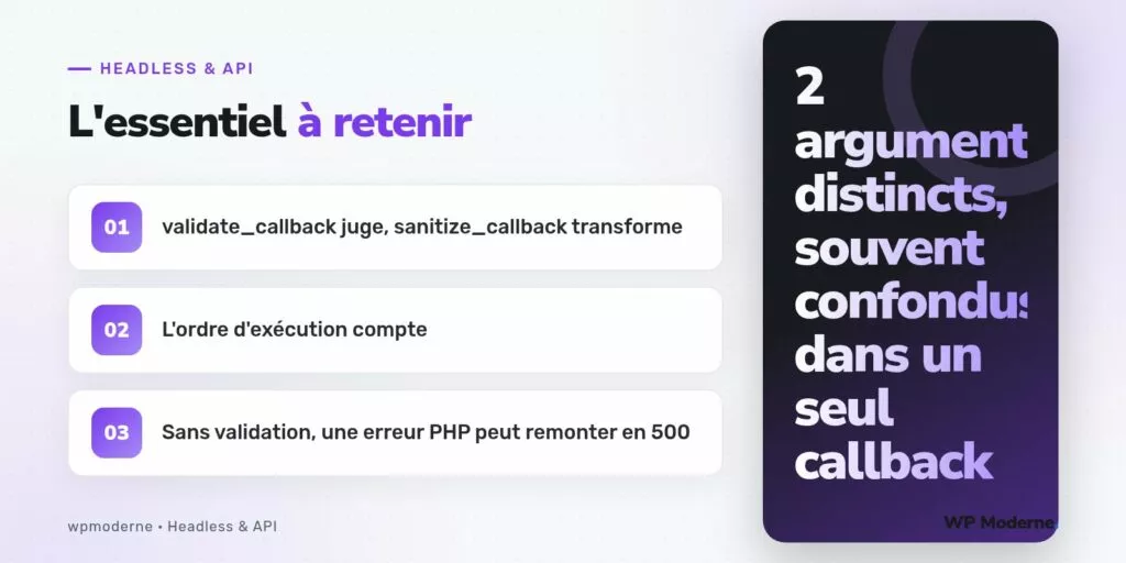 L'essentiel à retenir : validate_callback juge, sanitize_callback transforme ; L'ordre d'exécution compte ; Sans validation, une erreur PHP peut remonter en 500