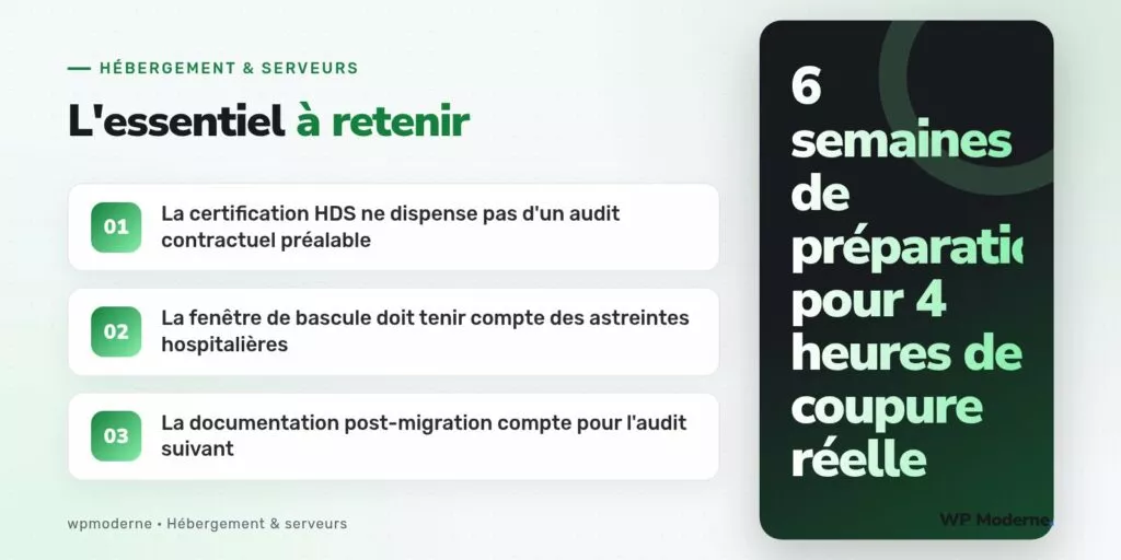L'essentiel à retenir : La certification HDS ne dispense pas d'un audit contractuel préalable ; La fenêtre de bascule doit tenir compte des astreintes hospitalières ; La documentation post-migration compte pour l'audit suivant