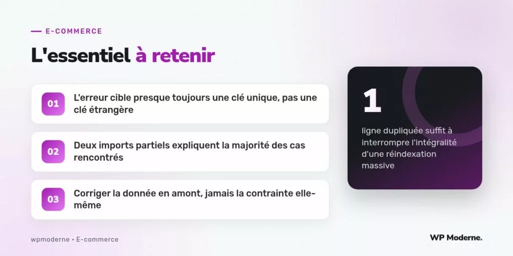 L'essentiel à retenir : L'erreur cible presque toujours une clé unique, pas une clé étrangère ; Deux imports partiels expliquent la majorité des cas rencontrés ; Corriger la donnée en amont, jamais la contrainte elle-même