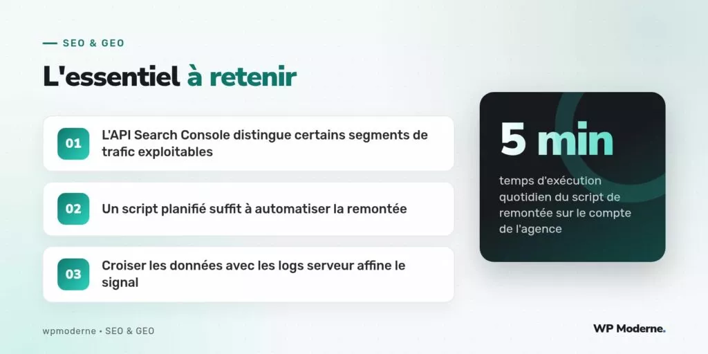 L'essentiel à retenir : L'API Search Console distingue certains segments de trafic exploitables ; Un script planifié suffit à automatiser la remontée ; Croiser les données avec les logs serveur affine le signal