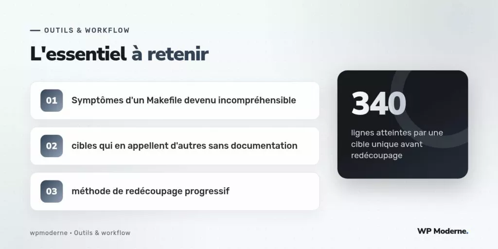L'essentiel à retenir : Symptômes d'un Makefile devenu incompréhensible ; cibles qui en appellent d'autres sans documentation ; méthode de redécoupage progressif