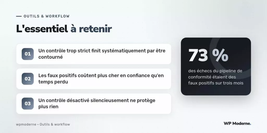 L'essentiel à retenir : Un contrôle trop strict finit systématiquement par être contourné ; Les faux positifs coûtent plus cher en confiance qu'en temps perdu ; Un contrôle désactivé silencieusement ne protège plus rien