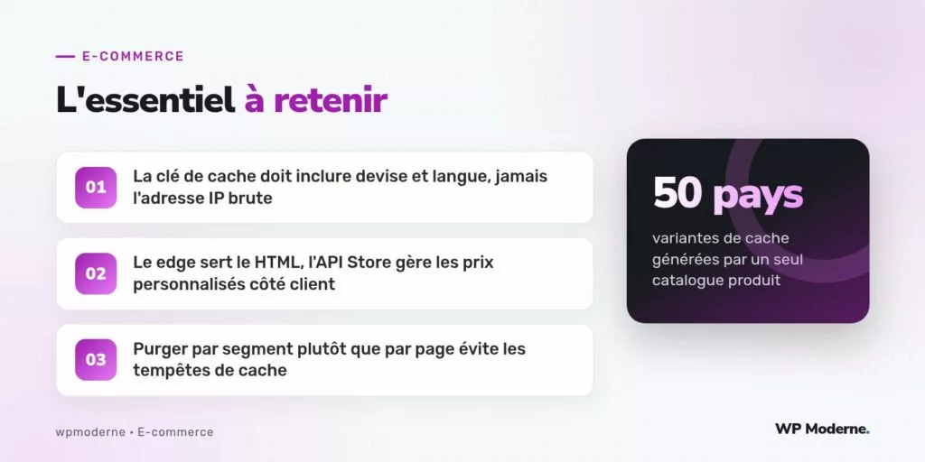 L'essentiel à retenir : La clé de cache doit inclure devise et langue, jamais l'adresse IP brute ; Le edge sert le HTML, l'API Store gère les prix personnalisés côté client ; Purger par segment plutôt que par page évite les tempêtes de cache