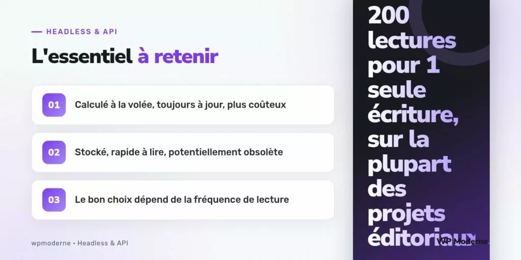 L'essentiel à retenir : Calculé à la volée, toujours à jour, plus coûteux ; Stocké, rapide à lire, potentiellement obsolète ; Le bon choix dépend de la fréquence de lecture
