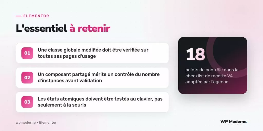 L'essentiel à retenir : Une classe globale modifiée doit être vérifiée sur toutes ses pages d'usage ; Un composant partagé mérite un contrôle du nombre d'instances avant validation ; Les états atomiques doivent être testés au clavier, pas seulement à la souris