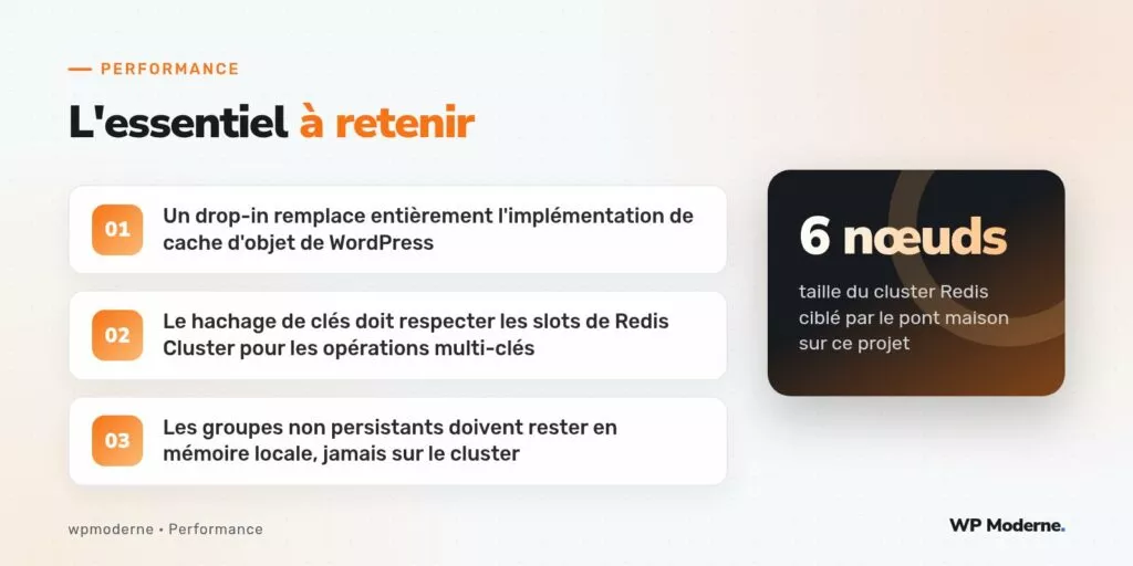 L'essentiel à retenir : Un drop-in remplace entièrement l'implémentation de cache d'objet de WordPress ; Le hachage de clés doit respecter les slots de Redis Cluster pour les opérations multi-clés ; Les groupes non persistants doivent rester en mémoire locale, jamais sur le cluster