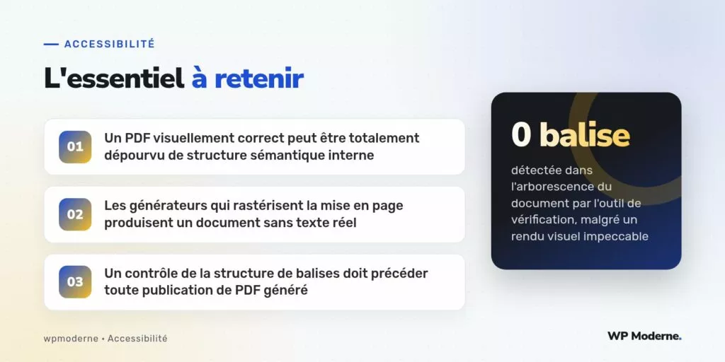 L'essentiel à retenir : Un PDF visuellement correct peut être totalement dépourvu de structure sémantique interne ; Les générateurs qui rastérisent la mise en page produisent un document sans texte réel ; Un contrôle de la structure de balises doit précéder toute publication de PDF généré