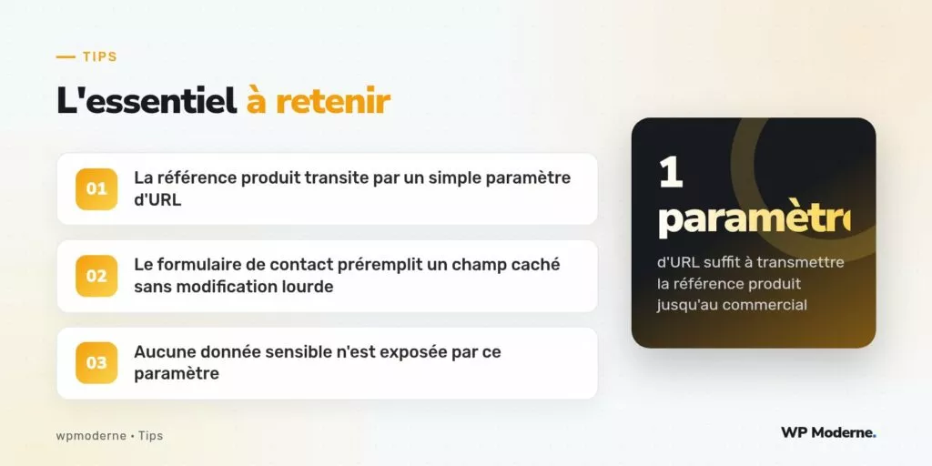 L'essentiel à retenir : La référence produit transite par un simple paramètre d'URL ; Le formulaire de contact préremplit un champ caché sans modification lourde ; Aucune donnée sensible n'est exposée par ce paramètre
