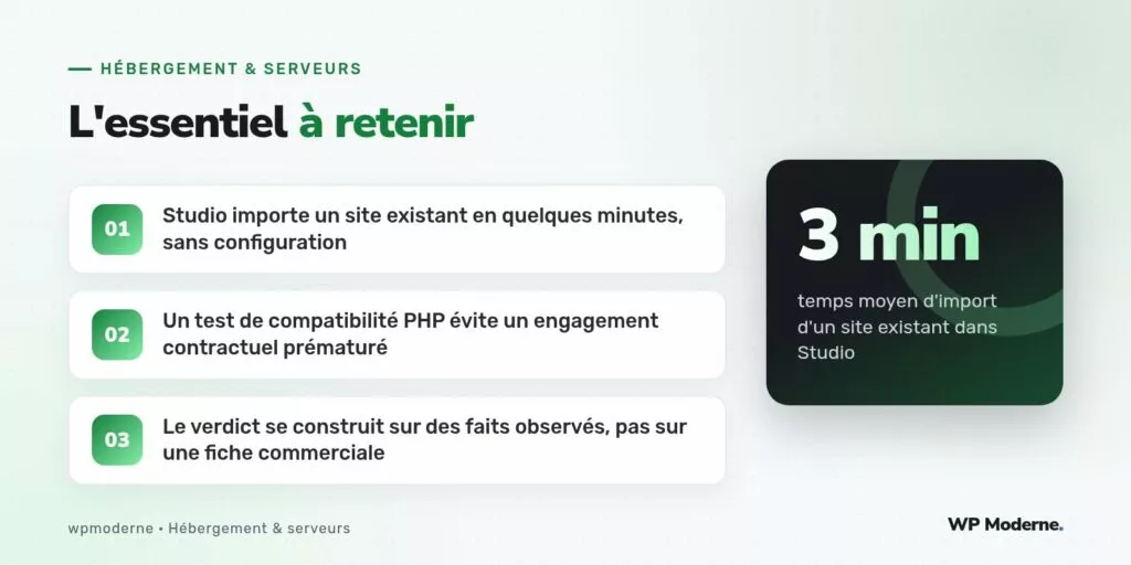 L'essentiel à retenir : Studio importe un site existant en quelques minutes, sans configuration ; Un test de compatibilité PHP évite un engagement contractuel prématuré ; Le verdict se construit sur des faits observés, pas sur une fiche commerciale