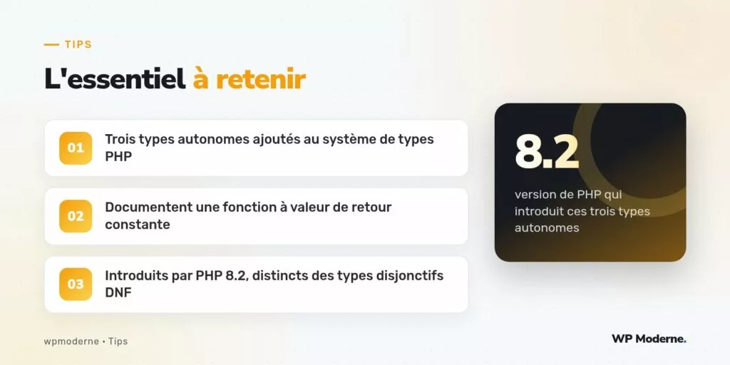 L'essentiel à retenir : Trois types autonomes ajoutés au système de types PHP ; Documentent une fonction à valeur de retour constante ; Introduits par PHP 8.2, distincts des types disjonctifs DNF