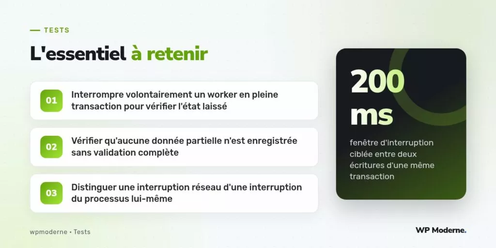 L'essentiel à retenir : Interrompre volontairement un worker en pleine transaction pour vérifier l'état laissé ; Vérifier qu'aucune donnée partielle n'est enregistrée sans validation complète ; Distinguer une interruption réseau d'une interruption du processus lui-même