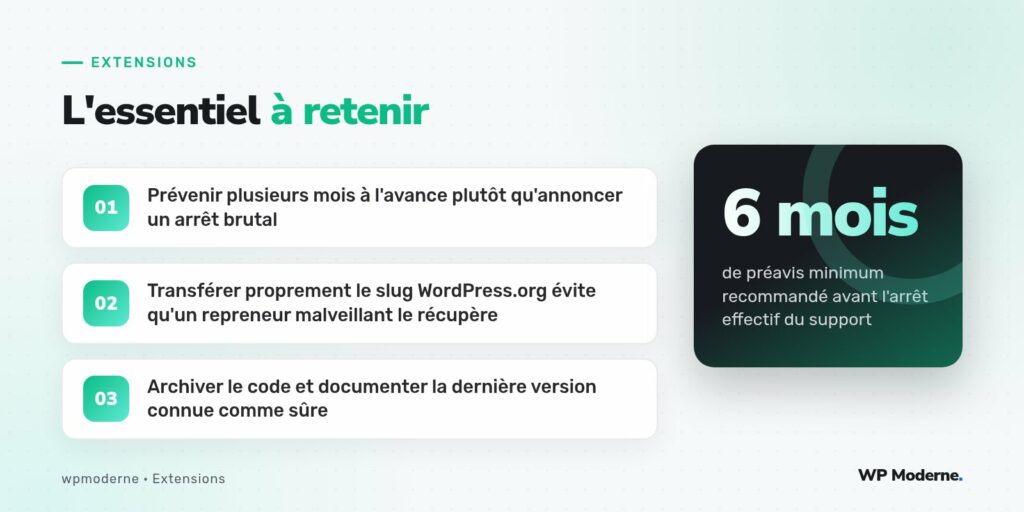 L'essentiel à retenir : Prévenir plusieurs mois à l'avance plutôt qu'annoncer un arrêt brutal ; Transférer proprement le slug WordPress.org évite qu'un repreneur malveillant le récupère ; Archiver le code et documenter la dernière version connue comme sûre