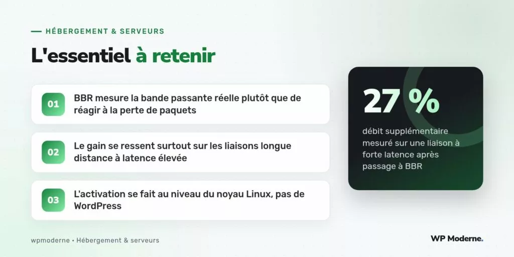 L'essentiel à retenir : BBR mesure la bande passante réelle plutôt que de réagir à la perte de paquets ; Le gain se ressent surtout sur les liaisons longue distance à latence élevée ; L'activation se fait au niveau du noyau Linux, pas de WordPress