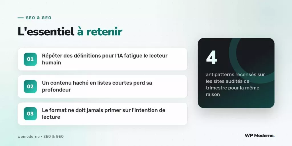 L'essentiel à retenir : Répéter des définitions pour l'IA fatigue le lecteur humain ; Un contenu haché en listes courtes perd sa profondeur ; Le format ne doit jamais primer sur l'intention de lecture