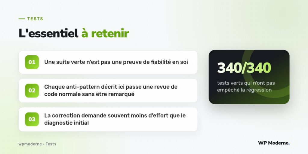 L'essentiel à retenir : Une suite verte n'est pas une preuve de fiabilité en soi ; Chaque anti-pattern décrit ici passe une revue de code normale sans être remarqué ; La correction demande souvent moins d'effort que le diagnostic initial