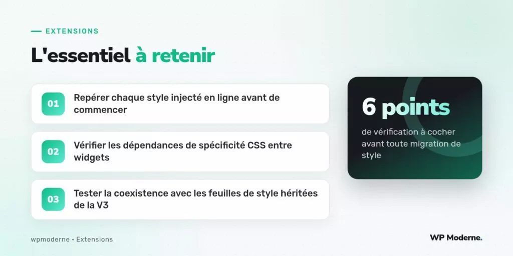 L'essentiel à retenir : Repérer chaque style injecté en ligne avant de commencer ; Vérifier les dépendances de spécificité CSS entre widgets ; Tester la coexistence avec les feuilles de style héritées de la V3