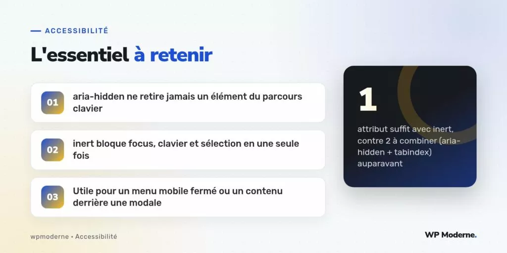 L'essentiel à retenir : aria-hidden ne retire jamais un élément du parcours clavier ; inert bloque focus, clavier et sélection en une seule fois ; Utile pour un menu mobile fermé ou un contenu derrière une modale
