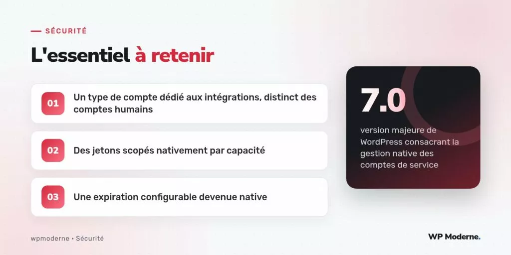 L'essentiel à retenir : Un type de compte dédié aux intégrations, distinct des comptes humains ; Des jetons scopés nativement par capacité ; Une expiration configurable devenue native