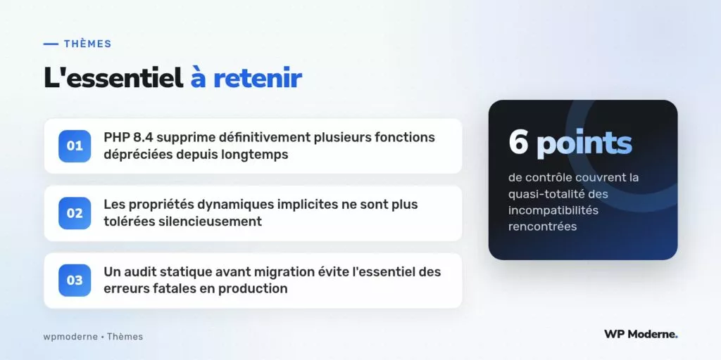 L'essentiel à retenir : PHP 8.4 supprime définitivement plusieurs fonctions dépréciées depuis longtemps ; Les propriétés dynamiques implicites ne sont plus tolérées silencieusement ; Un audit statique avant migration évite l'essentiel des erreurs fatales en production
