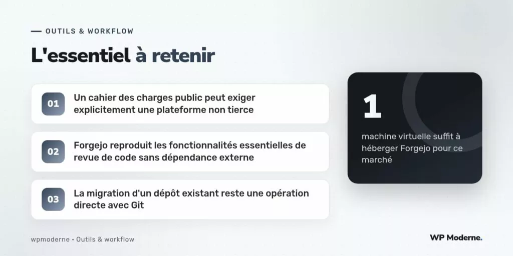 L'essentiel à retenir : Un cahier des charges public peut exiger explicitement une plateforme non tierce ; Forgejo reproduit les fonctionnalités essentielles de revue de code sans dépendance externe ; La migration d'un dépôt existant reste une opération directe avec Git