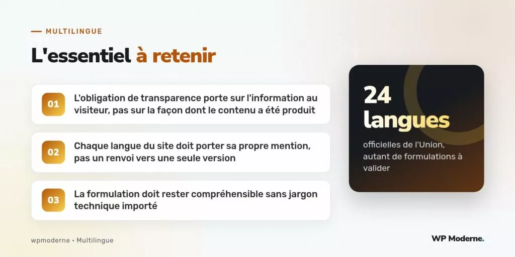 L'essentiel à retenir : L'obligation de transparence porte sur l'information au visiteur, pas sur la façon dont le contenu a été produit ; Chaque langue du site doit porter sa propre mention, pas un renvoi vers une seule version ; La formulation doit rester compréhensible sans jargon technique importé