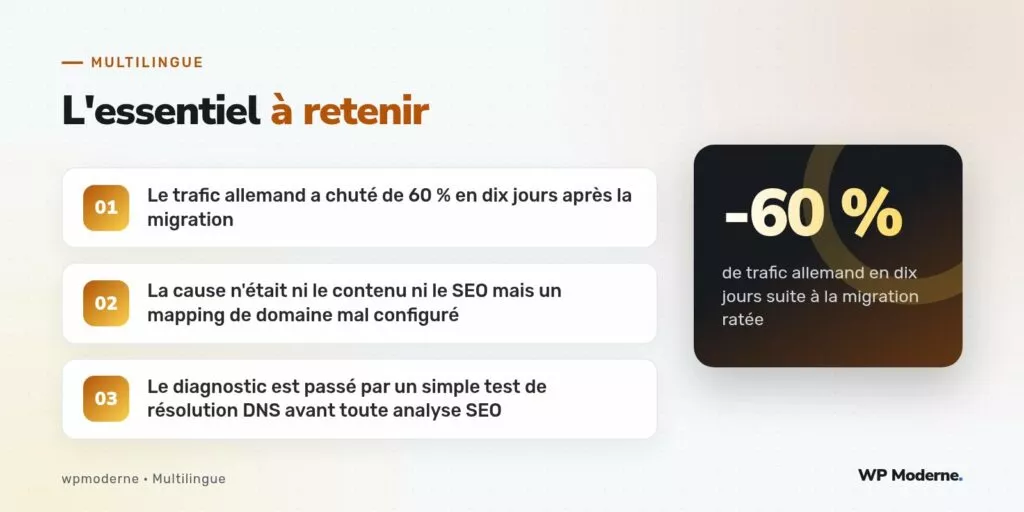 L'essentiel à retenir : Le trafic allemand a chuté de 60 % en dix jours après la migration ; La cause n'était ni le contenu ni le SEO mais un mapping de domaine mal configuré ; Le diagnostic est passé par un simple test de résolution DNS avant toute analyse SEO