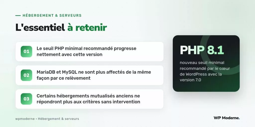 L'essentiel à retenir : Le seuil PHP minimal recommandé progresse nettement avec cette version ; MariaDB et MySQL ne sont plus affectés de la même façon par ce relèvement ; Certains hébergements mutualisés anciens ne répondront plus aux critères sans intervention