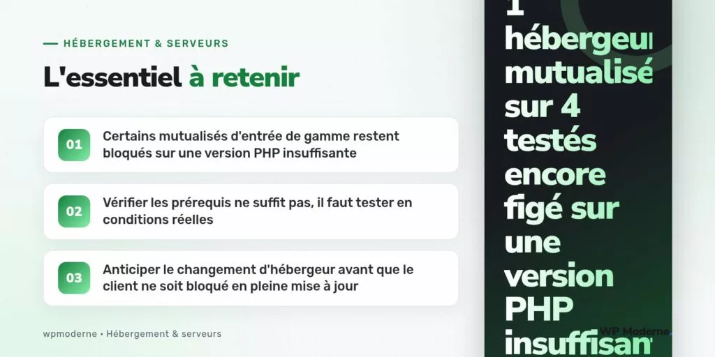 L'essentiel à retenir : Certains mutualisés d'entrée de gamme restent bloqués sur une version PHP insuffisante ; Vérifier les prérequis ne suffit pas, il faut tester en conditions réelles ; Anticiper le changement d'hébergeur avant que le client ne soit bloqué en pleine mise à jour