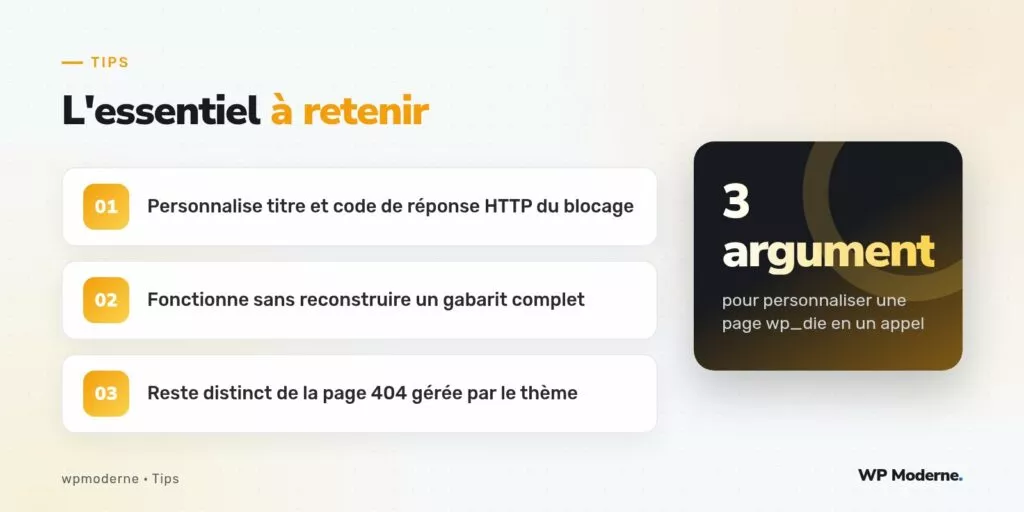 L'essentiel à retenir : Personnalise titre et code de réponse HTTP du blocage ; Fonctionne sans reconstruire un gabarit complet ; Reste distinct de la page 404 gérée par le thème