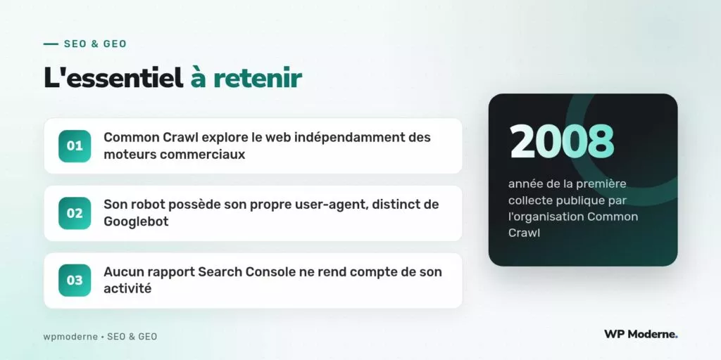 L'essentiel à retenir : Common Crawl explore le web indépendamment des moteurs commerciaux ; Son robot possède son propre user-agent, distinct de Googlebot ; Aucun rapport Search Console ne rend compte de son activité