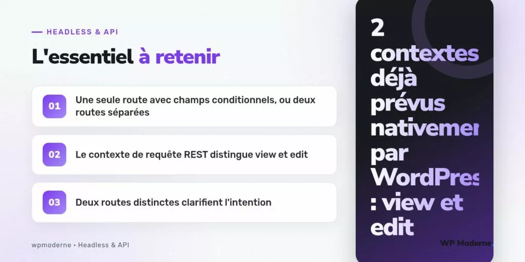 L'essentiel à retenir : Une seule route avec champs conditionnels, ou deux routes séparées ; Le contexte de requête REST distingue view et edit ; Deux routes distinctes clarifient l'intention