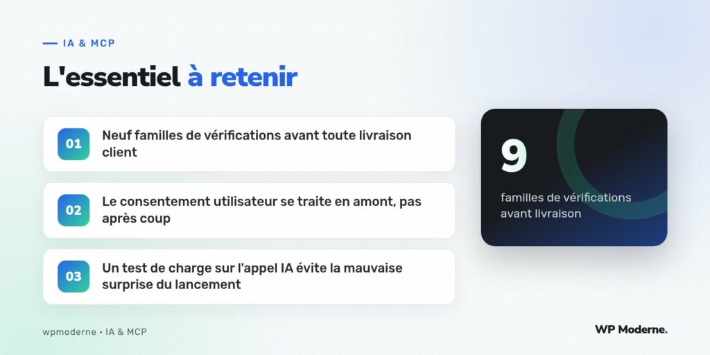 L'essentiel à retenir : Neuf familles de vérifications avant toute livraison client ; Le consentement utilisateur se traite en amont, pas après coup ; Un test de charge sur l'appel IA évite la mauvaise surprise du lancement