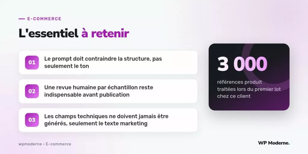 L'essentiel à retenir : Le prompt doit contraindre la structure, pas seulement le ton ; Une revue humaine par échantillon reste indispensable avant publication ; Les champs techniques ne doivent jamais être générés, seulement le texte marketing