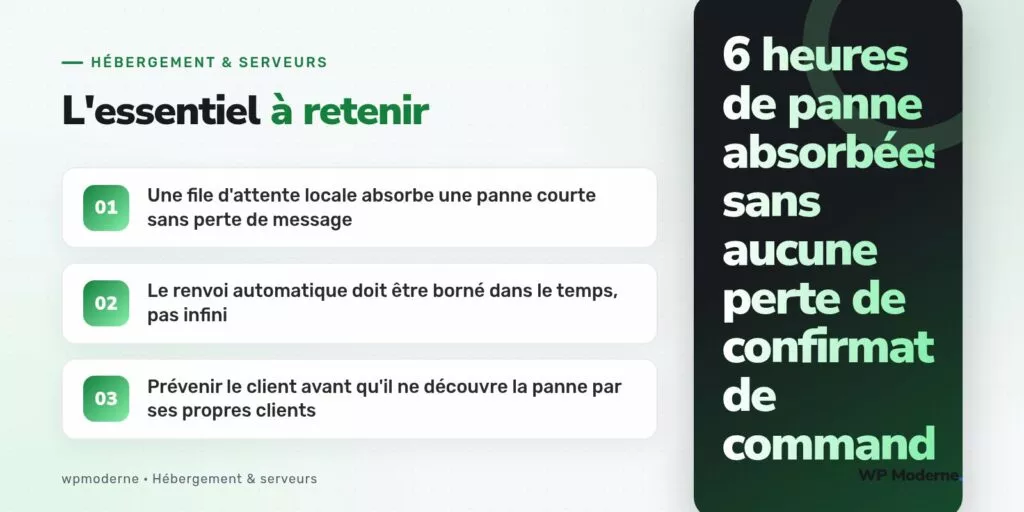 L'essentiel à retenir : Une file d'attente locale absorbe une panne courte sans perte de message ; Le renvoi automatique doit être borné dans le temps, pas infini ; Prévenir le client avant qu'il ne découvre la panne par ses propres clients