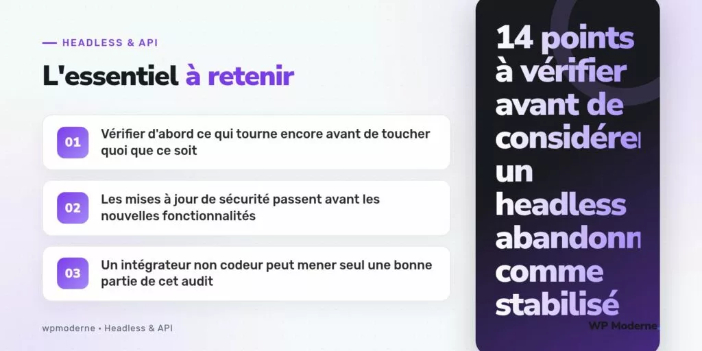 L'essentiel à retenir : Vérifier d'abord ce qui tourne encore avant de toucher quoi que ce soit ; Les mises à jour de sécurité passent avant les nouvelles fonctionnalités ; Un intégrateur non codeur peut mener seul une bonne partie de cet audit