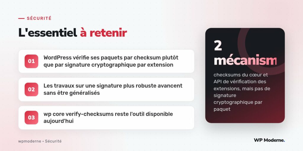 L'essentiel à retenir : WordPress vérifie ses paquets par checksum plutôt que par signature cryptographique par extension ; Les travaux sur une signature plus robuste avancent sans être généralisés ; wp core verify-checksums reste l'outil disponible aujourd'hui