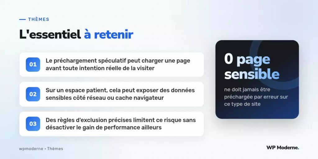 L'essentiel à retenir : Le préchargement spéculatif peut charger une page avant toute intention réelle de la visiter ; Sur un espace patient, cela peut exposer des données sensibles côté réseau ou cache navigateur ; Des règles d'exclusion précises limitent ce risque sans désactiver le gain de performance ailleurs