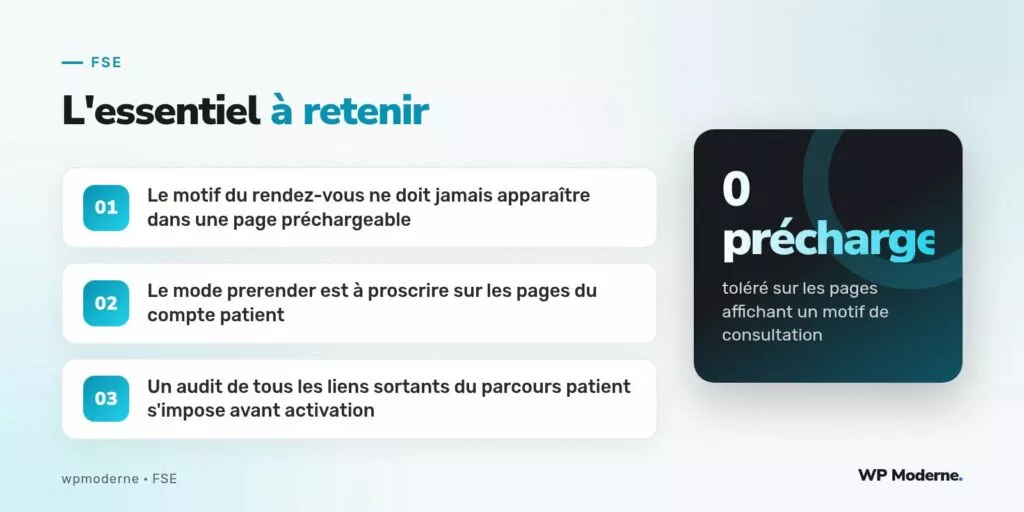 L'essentiel à retenir : Le motif du rendez-vous ne doit jamais apparaître dans une page préchargeable ; Le mode prerender est à proscrire sur les pages du compte patient ; Un audit de tous les liens sortants du parcours patient s'impose avant activation